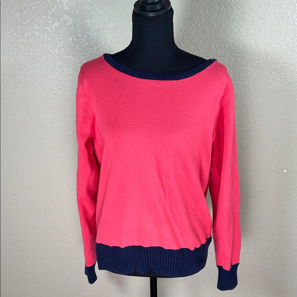 Lacoste Salmon Crewneck Sweater with Navy Trim